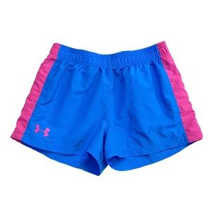 UNDER ARMOUR — LOOSE FIT ATHLETIC SHORTS, BLUE & PINK, SIZE YLG, JG/G (14-16)